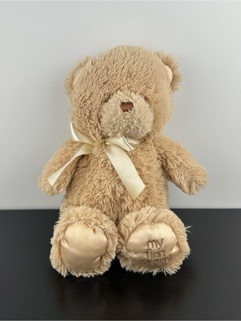 Baby Gund My First Teddy Tan Bear 11” Brown Embroidered Eyes Ribbon Bow Plush